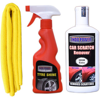 Indo Power Tyre  Shiner Spray 250Ml + 1Pc Car Microfiber Cloth Yellow+  Scratch Remover 200Gm.