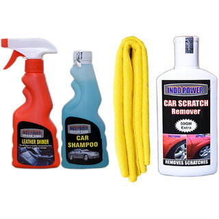 Indo Power Leather Shiner Spray 250Ml+Car Shampoo 250Ml+1Pc Car Microfiber Cloth  Yellow+  Scratch Remover 200Gm.