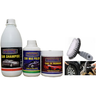 Indo Power Car Shampoo 500Ml.+ Car 5X Rubbing Polish 250Ml.+ Car Wax Polish 250Ml.+All Tyre Cleaning Brush