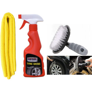 Indo Power Tyre  Shiner Spray 250Ml.+ 1Pc Car Microfiber Cloth +All Tyre Cleaning Brush