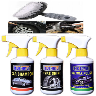 Indo Power Car Shampoo Gun 250Ml.+Tyre Shiner Gun 250Ml.+Car Wax Polish Gun 250Ml.+All Tyre Cleaning Brush