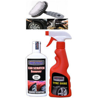 Indo Power Tyre Shiner Spray 250Ml+ Scratch Remover 100Gm.+All Tyre Cleaning Brush
