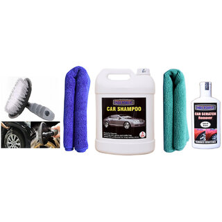 Indo Power Car Shampoo 5Ltr+ 2 Pc Car Microfiber Cloth+ Scratch Remover 200Gm.+All Tyre Cleaning Brush
