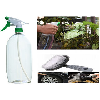 Indo Power Multipurpose Home & Garden Water Spray Bottle Green  Nozzle .+All Tyre Cleaning Brush