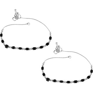 Vighnaharta Traditional White /Black Metal Anklets Payal Pair for Women Girls  [VFJ1015PYL]