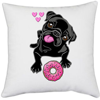 UDNAG White Polyester 'Pug & Doughnut | Black Pug with Pink Doughnut' Pillow Cover [16 Inch X 16 Inch]