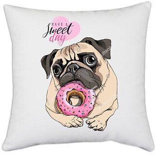 UDNAG White Polyester 'Pug & Doughnut | Pug with Pink Round Doughnut' Pillow Cover [16 Inch X 16 Inch]
