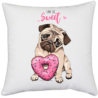 UDNAG White Polyester 'Pug & Doughnut | Pug with Pink Heart Doughnut' Pillow Cover [16 Inch X 16 Inch]
