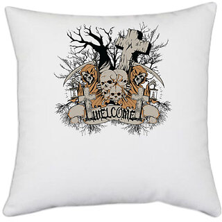 UDNAG White Polyester 'Death | Welcome death' Pillow Cover [16 Inch X 16 Inch]
