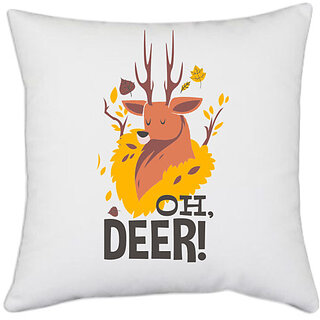 UDNAG White Polyester 'Oh Deer' Pillow Cover [16 Inch X 16 Inch]