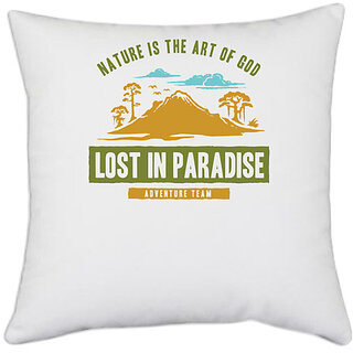 UDNAG White Polyester 'Adventure And lost in Paradise' Pillow Cover [16 Inch X 16 Inch]