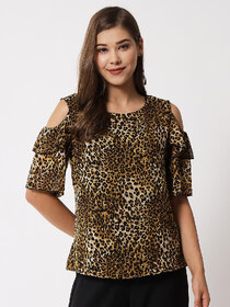 Vivient Women White Mix Tiger Printed Cold Shoulder Top