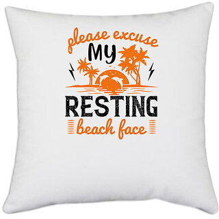 UDNAG White Polyester 'Girls trip | please excuse my resting beach face' Pillow Cover [16 Inch X 16 Inch]
