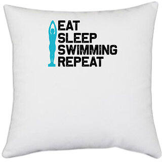 UDNAG White Polyester 'Swimming | Eat sleep swaimming repeat' Pillow Cover [16 Inch X 16 Inch]