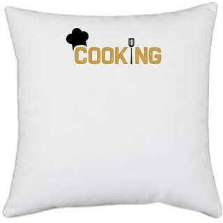 UDNAG White Polyester 'Cooking | Cooking' Pillow Cover [16 Inch X 16 Inch]