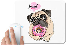 UDNAG White Mousepad 'Pug & Doughnut | Pug with Pink Round Doughnut' for Computer / PC / Laptop [230 x 200 x 5mm]