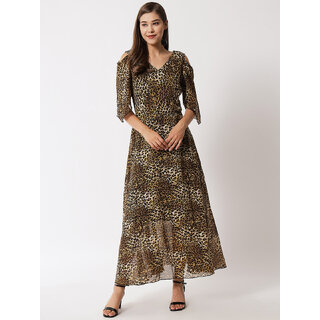 Vivient women tiger printed cold shoulder long dress