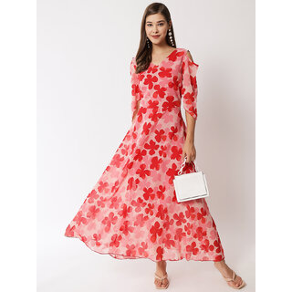 Vivient women pink floral printed cold shoulder dress