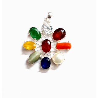 Rs Gemsexport Natural Navratan Stones Pendent In Pure Silver