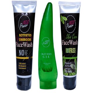 INDOPOWER ADd286-ACTIVATED CHARCOAL FACEWASH 100g. + ALOE VERA GEL 150ml. + SKIN CARE FACE WASH 100g.