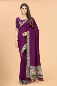 Purple Colour Vichitra Silk Embroidried Sarees