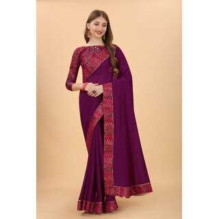 Purple Colour Vichitra Silk Embroidried Sarees