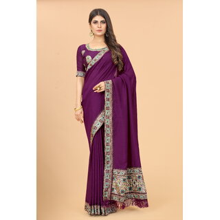 Purple Colour Vichitra Silk Embroidried Sarees