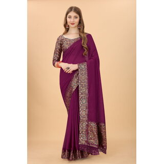 Purple Colour Vichitra Silk Embroidried Sarees