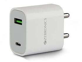 Zebronics ZEB-RC20B Type C + USB Charger with 20W / 18W PD3.0(PPS) Protocol DC 5V/9V/12V high Efficiency Wide Input Range Auto self Recovery Over Current and Short Circuit Protection(White)
