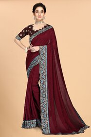 SVB Sarees Maroon Colour Solid Vichitra Silk Embroidried Sarees With Blouse