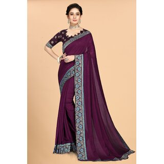 SVB Sarees Purple Colour Solid Vichitra Silk Embroidried Sarees With Blouse