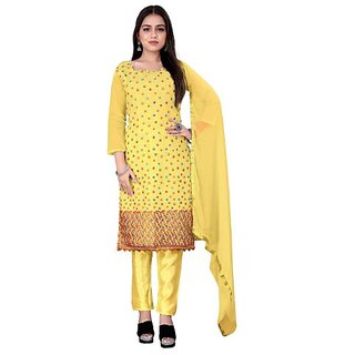 Sharda Creation Yellow Chanderi Embroidered Unstitched Dress