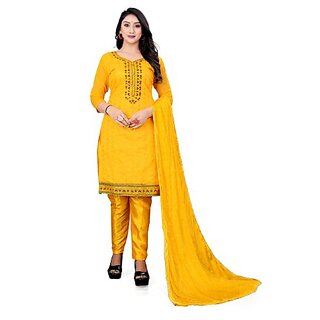 Sharda Creation Yellow Chanderi Embroidered Unstitched Dress