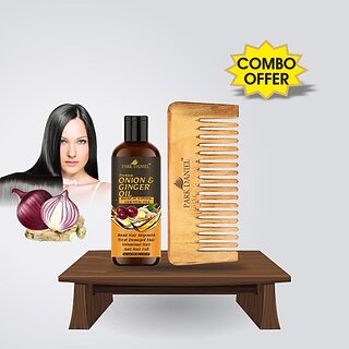 PARK DANIEL Premium Onion & Ginger Oil Hair OiL (100 ml) & Handmade Medium Detangler Neem Wooden Comb(5.5 inches) 1 Pc - Pack of 2 Item (2 Items in the set)