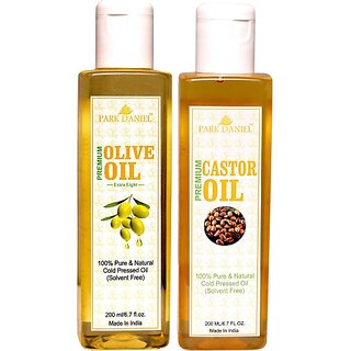 PARK DANIEL Pure Olive Oil and Cold pressed Castor oil Combo of 2 bottles of 200 ml(400 ml) (400 ml)