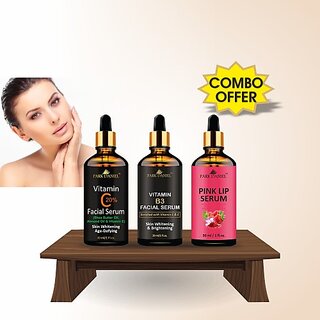 PARK DANIEL Vitamin C Facial Serum, Vitamin B3 Facial Serum & Pink Lip Serum Oil - For Skin Brightening Combo Set of 3 Bottles of 30 ml(90 ml) (90 ml)