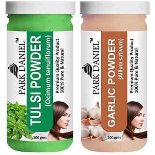 PARK DANIEL Pure & Natural Tulsi Powder & Garlic Powder Combo Pack of 2 Bottles of 100 gm (200 gm ) (200 ml)
