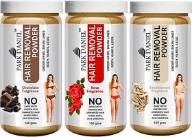 PARK DANIEL Premium Chocolate, Rose & Sandalwood Fragrance Hair Removal Powder- For Easy Hair Removal of Underarms, Hand, Legs & Bikini Line(Three in one Use) Combo Pack of 3 Jars of 150 gms (450 gms) Wax (450 g)