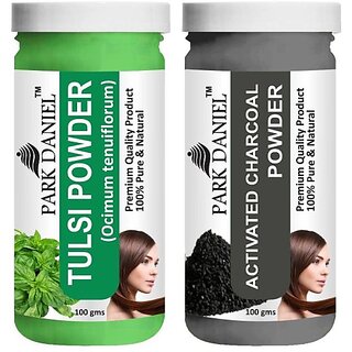 PARK DANIEL Pure & Natural Tulsi Powder & Activated Charcoal Powder Combo Pack of 2 Bottles of 100 gm (200 gm ) (200 ml)