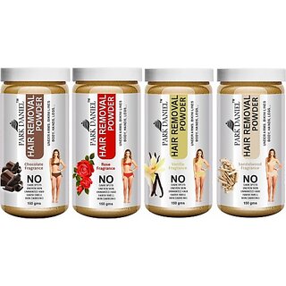 PARK DANIEL Premium Chocolate, Rose , Vanilla, Sandalwood Fragrance Hair Removal Powder- For Easy Hair Removal of Underarms, Hand, Legs & Bikini Line Combo Pack of 4 Jars of 150 gms (600gms) Wax (600 g)