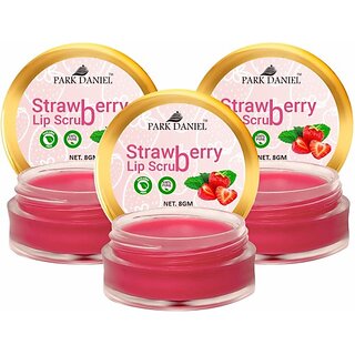 PARK DANIEL Premium Strawberry Lip Scrub for dark lips to lighten for Men & Women - Enriched with Cane Sugar Powder, Tocopherol (Vitamin E), Cocoa Butter, Shea Butter Combo pack of 3 Jars of 08 gms(24 Gms) Strawberry (Pack of: 3, 24 g)