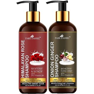 PARK DANIEL Premium Rose Shampoo & Onion Ginger Shampoo Combo Pack Of 2 bottle of 200 ml(400 ml) (400 ml)