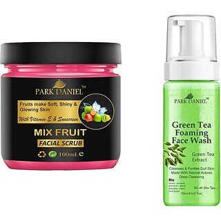 PARK DANIEL Mix Fruit Scrub & Green Tea Face Wash For Blackheads Removal Combo Pack of 2 (250 ML) (2 Items in the set)