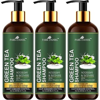 PARK DANIEL Premium Green tea Shampoo -For Damage Hair Control Combo Pack 3 Bottle of 200 ml(600 ml) (600 ml)