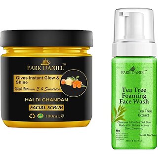 PARK DANIEL Haldi Chandan Scrub & Tea Tree Face Wash For Blackheads Removal Combo Pack of 2 (250 ML) (2 Items in the set)
