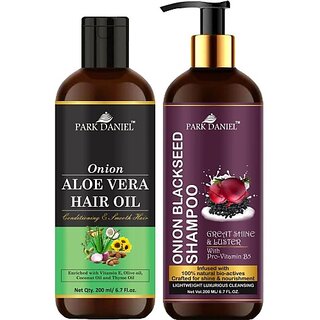 PARK DANIEL Pure and Natural Aloe Vera Oil & Onion Blackseed Shampoo Combo Pack Of 2 bottle of 200 ml(400 ml) (2 Items in the set)