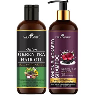 PARK DANIEL Pure and Natural Green Tea Oil & Onion Blackseed Shampoo Combo Pack Of 2 bottle of 200 ml(400 ml) (2 Items in the set)