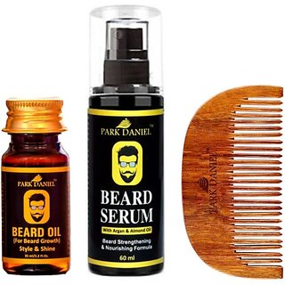 PARK DANIEL Combo Pack of Beard Oil 35ml , Beard Growth Serum 60ml & Handcrafted Wooden Beard Comb ( 1 Pc.) (3 Items in the set)
