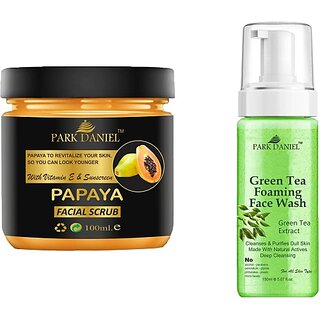 PARK DANIEL Papaya Scrub & Green Tea Face Wash For Blackheads Removal Combo Pack of 2 (250 ML) (2 Items in the set)