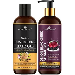 PARK DANIEL Pure and Natural Onion Fenugreek Oil & Onion Blackseed Shampoo Combo Pack Of 2 bottle of 200 ml(400 ml) (2 Items in the set)